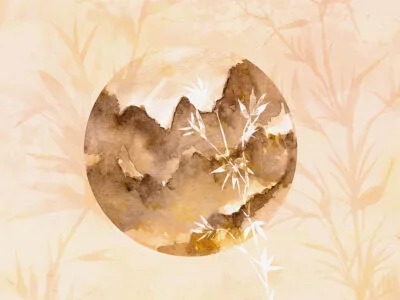 Asymmetric watercolor motif wall mural with bamboo and mountains in Asian style