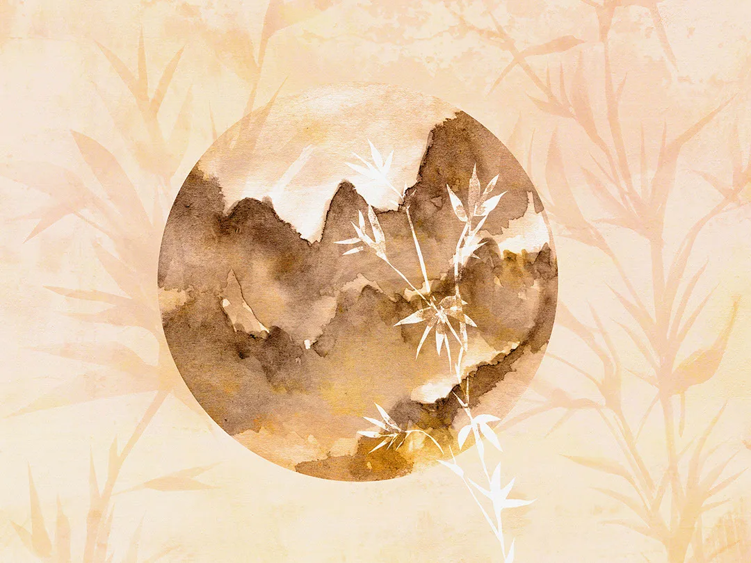 Asymmetric watercolor motif wall mural with bamboo and mountains in Asian style