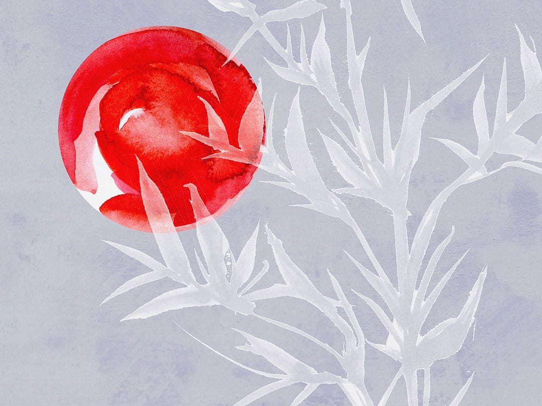 Asymmetric watercolor motif wall mural with bamboo and red sun in Asian style