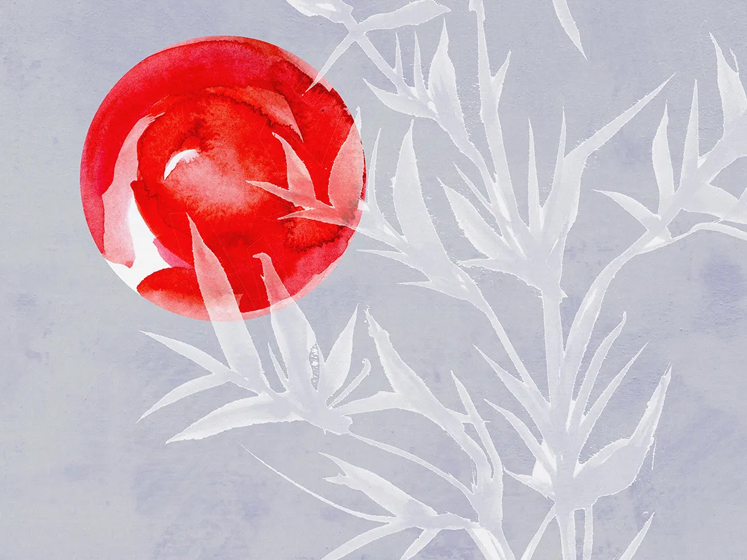 Asymmetric watercolor motif wall mural with bamboo and red sun in Asian style