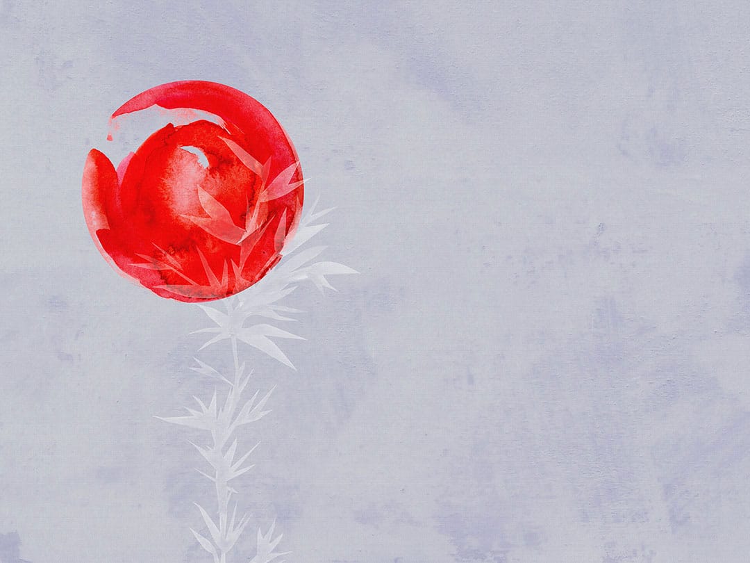 Asymmetric watercolor minimalistic wall mural with bamboo and red sun in Asian style