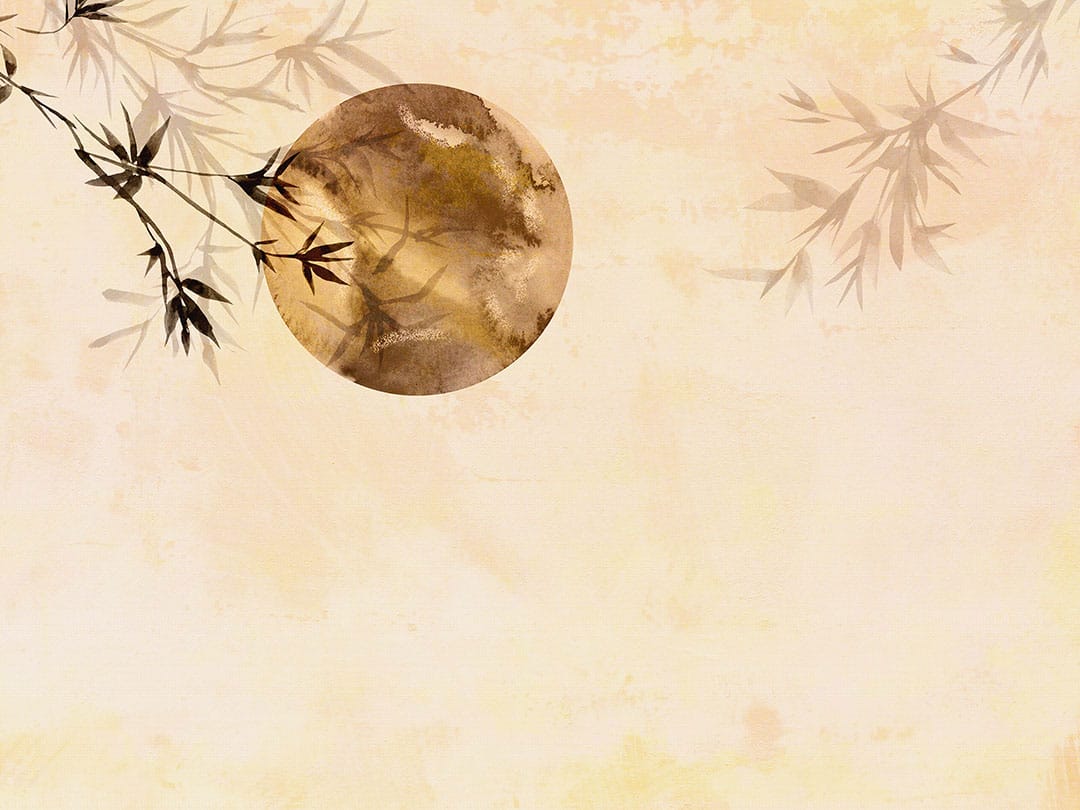 Asymmetric watercolor motif wall mural with bamboo and moon in Asian style