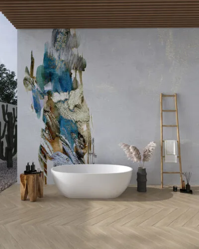 Asymmetric abstract wall mural for the bath