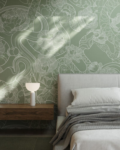 Tender linear snakes and flowers wall mural for the bedroom