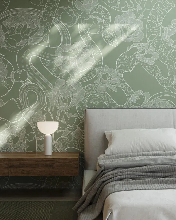 Tender linear snakes and flowers wall mural for the bedroom