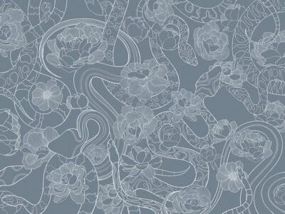 Tender linear snakes and flowers blue wall mural