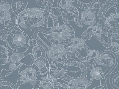 Tender linear snakes and flowers blue wall mural
