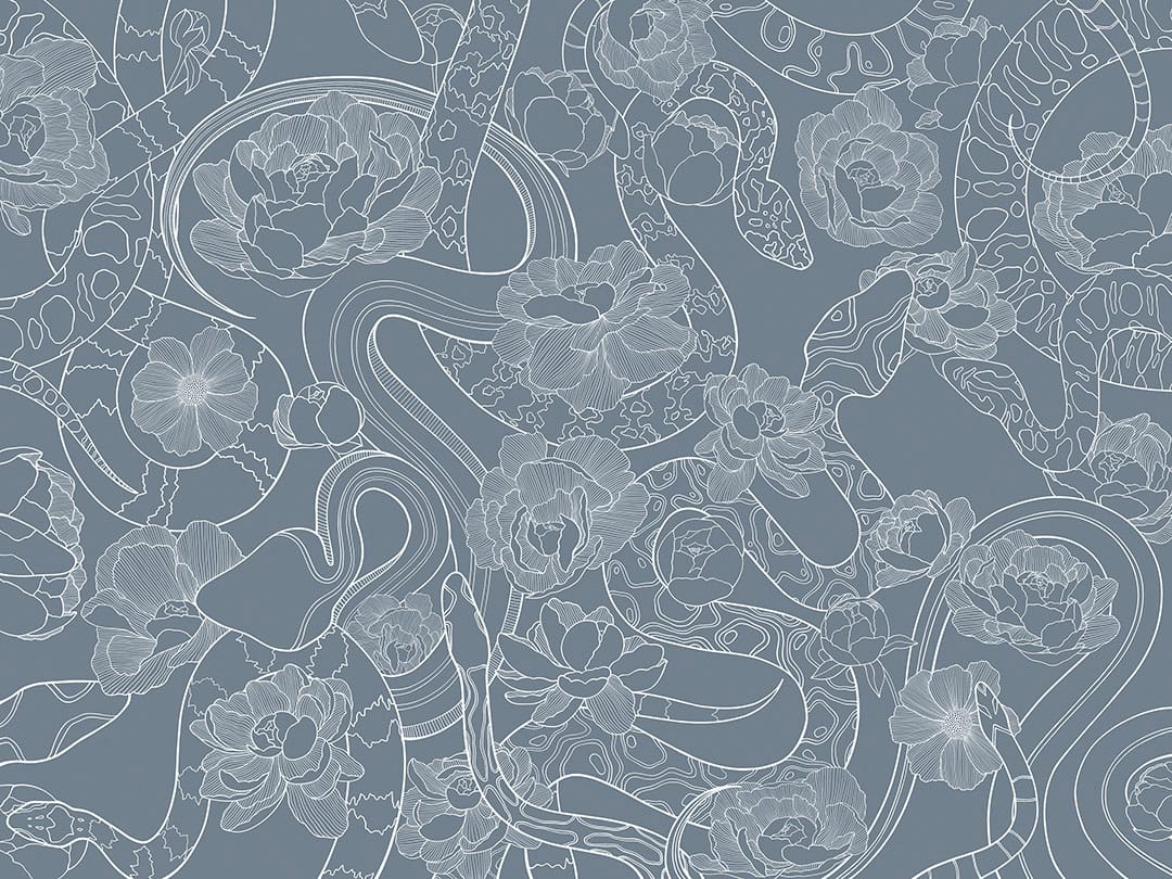 Tender linear snakes and flowers blue wall mural
