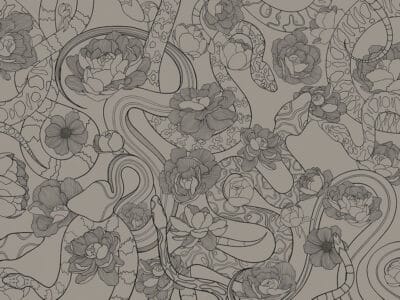 Tender linear snakes and flowers gray wall mural