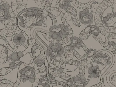Tender linear snakes and flowers gray wall mural