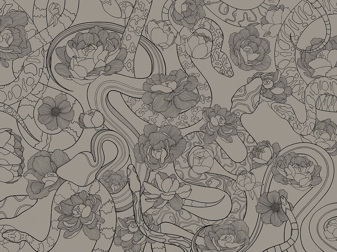 Tender linear snakes and flowers gray wall mural