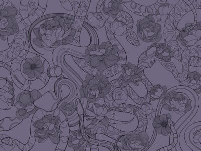 Tender linear snakes and flowers purple wall mural