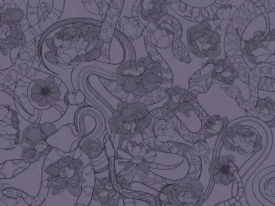 Tender linear snakes and flowers purple wall mural