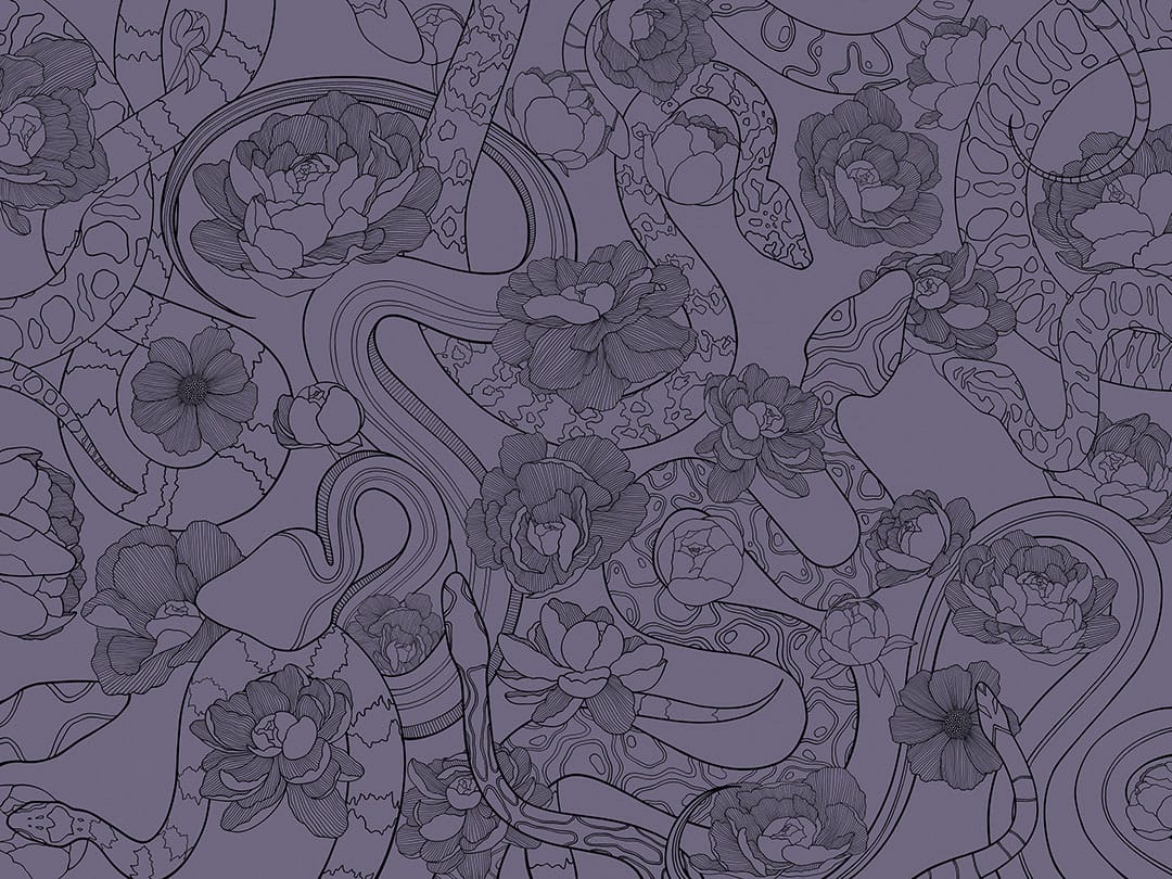 Tender linear snakes and flowers purple wall mural