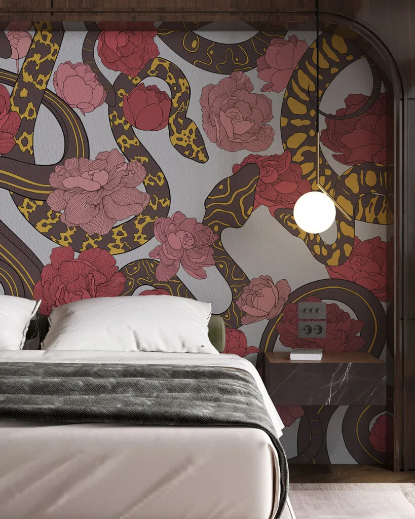 Wall Mural Maya for the bedroom - kith2kin.com Bright and colorful snakes and flowers wall mural for the bedroom