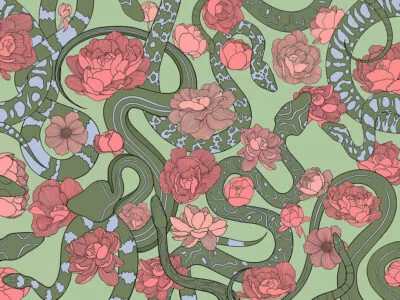 Green snakes and red flowers wall mural