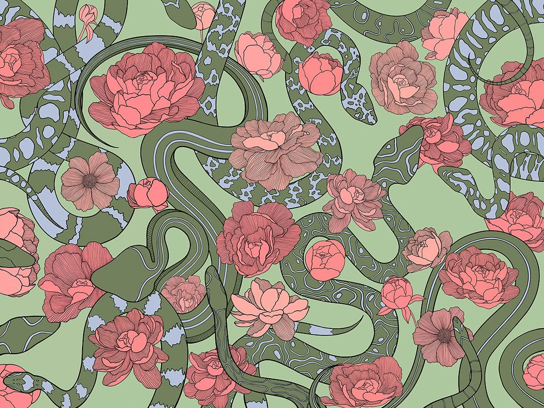 Green snakes and red flowers wall mural