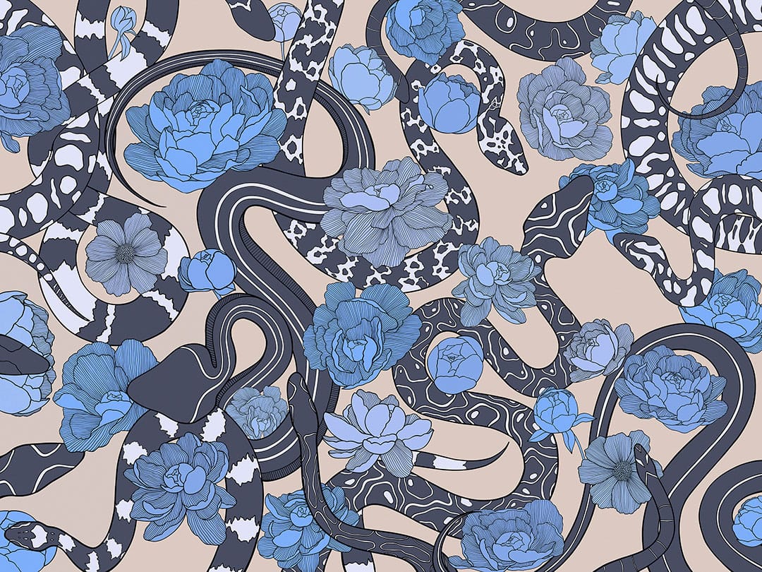 Black snakes and blue flowers wall mural