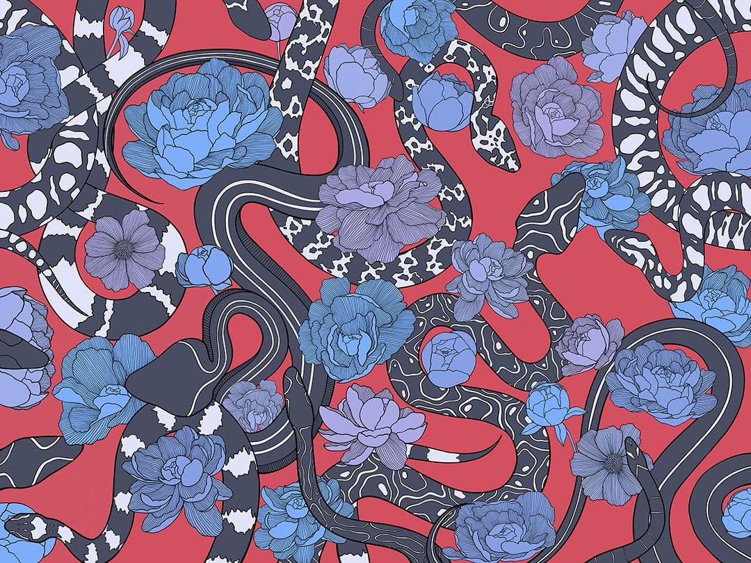 Black snakes and blue flowers on the red background wall mural