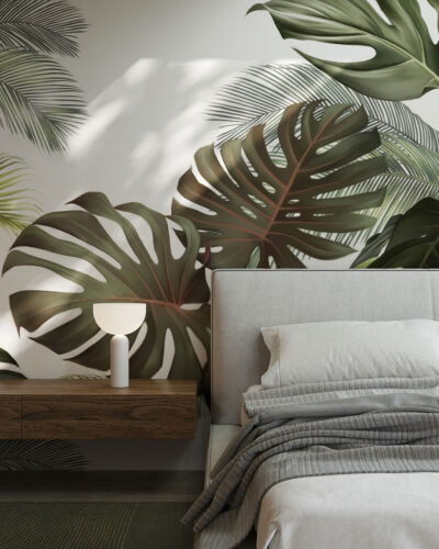 Tropical maximalistic monstera and palm leaf wall mural for the bedroom