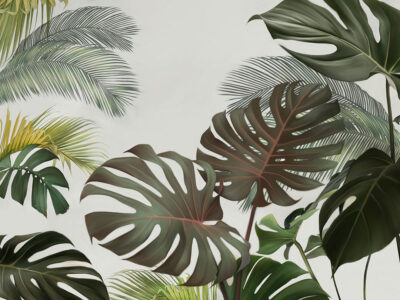 Tropical maximalistic monstera and palm on the light background wall mural