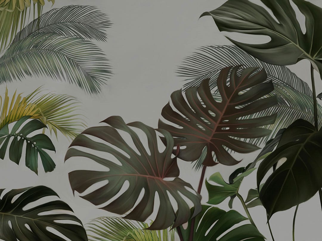 Tropical maximalistic monstera and palm on the gray background wall mural