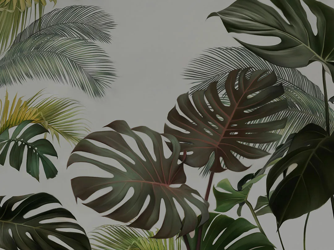 Tropical maximalistic monstera and palm on the gray background wall mural