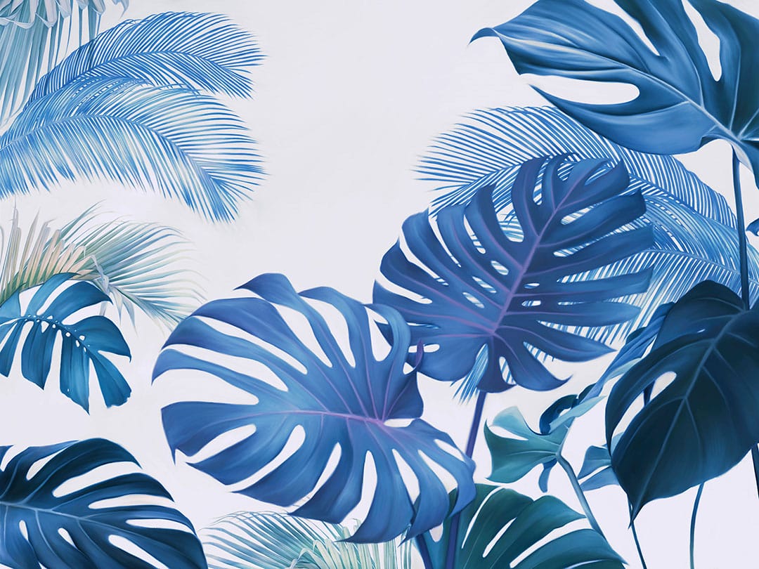 Tropical blue monstera and palm wall mural