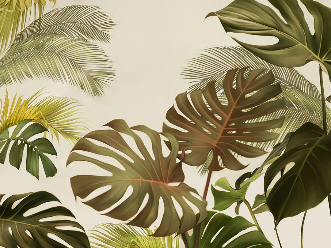 Tropical bright monstera and palm wall mural