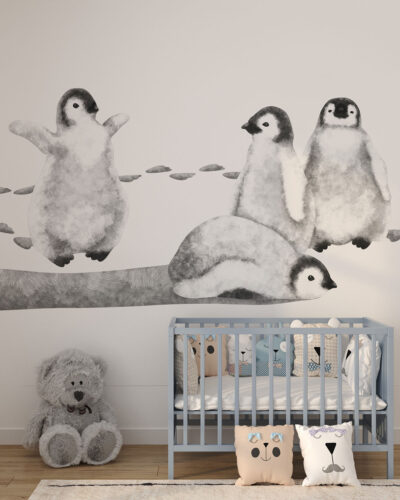 Watercolor black and white penguins wall mural for a children's room