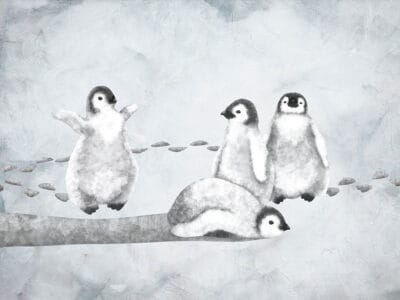 Watercolor black and white penguins on the textured background kids wall mural