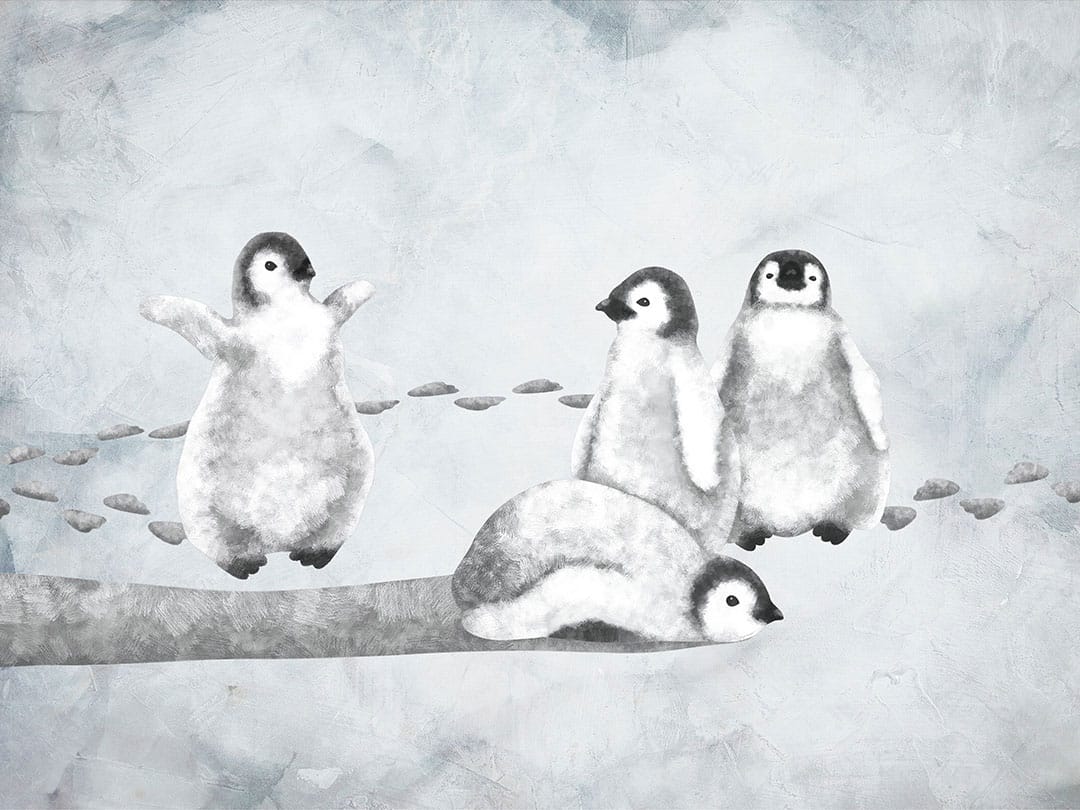 Watercolor black and white penguins on the textured background kids wall mural