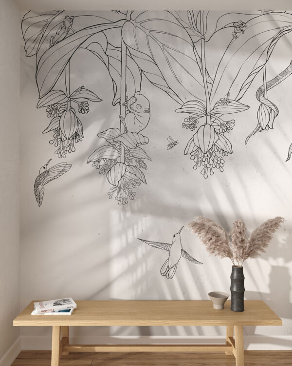 Tropical flowers with hummingbirds wall mural for the living room