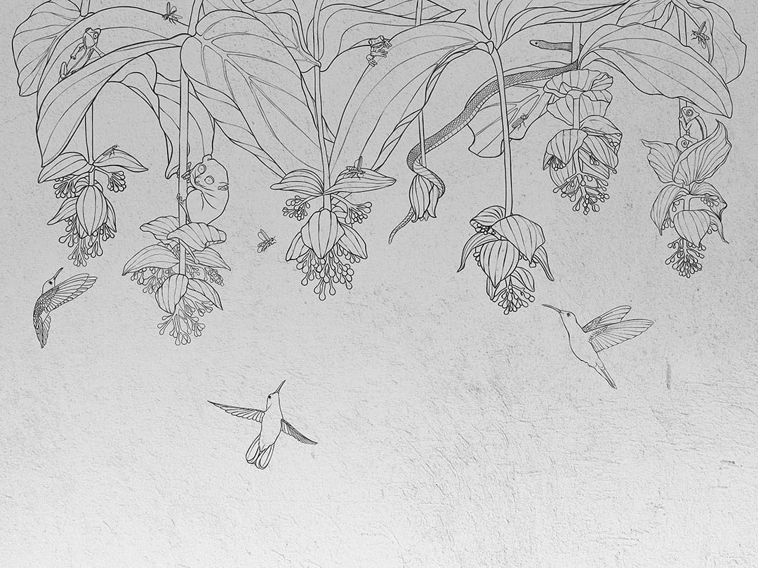 Tropical flowers with hummingbirds on the textured background wall mural