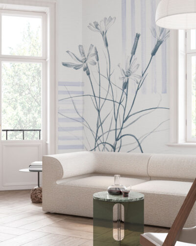 Delicate minimalistic flowers and geometric form wall mural for the living room