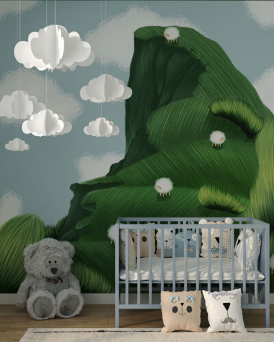 Bright green cape and cute sheep wall mural for a children's room