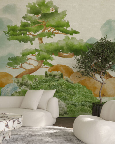 Detailed engraved forest in misty green colors wall mural for the living room