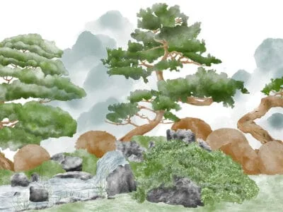 Detailed engraved green forest and mountains wall mural