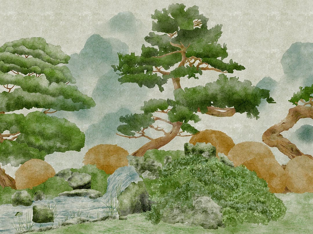 Detailed engraved forest in misty green colors textured wall mural
