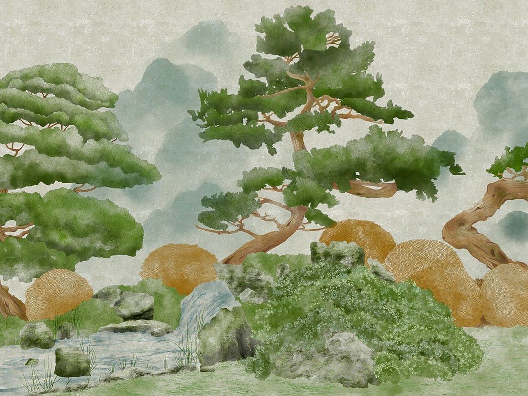 Detailed engraved forest in misty green colors wall mural