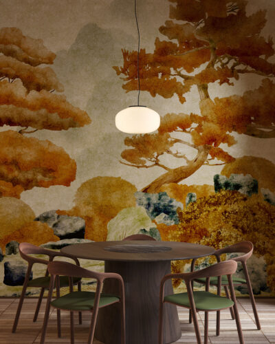 Hand-drawn golden trees and rocks wall mural for the kitchen