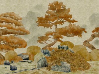 Hand-drawn golden trees and rocks textured wall mural