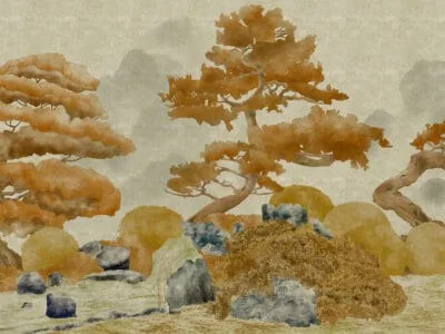 Hand-drawn golden trees and rocks wall mural