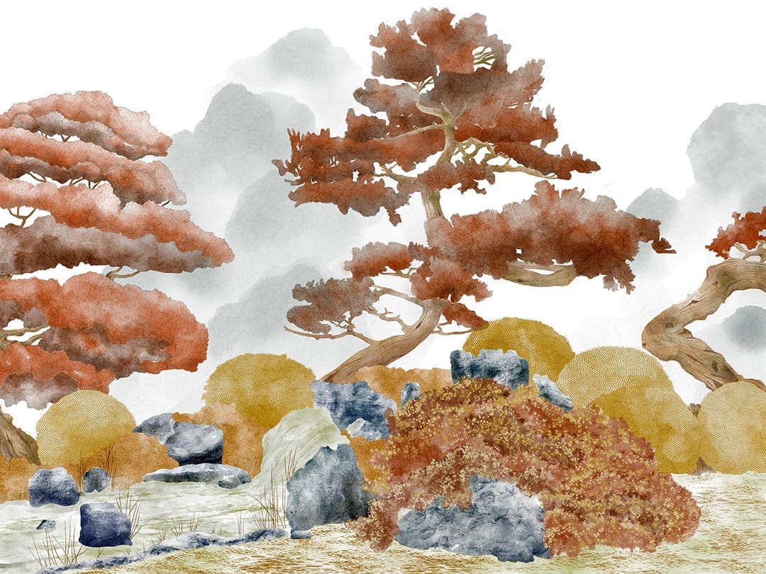 Hand-drawn orange trees and rocks wall mural