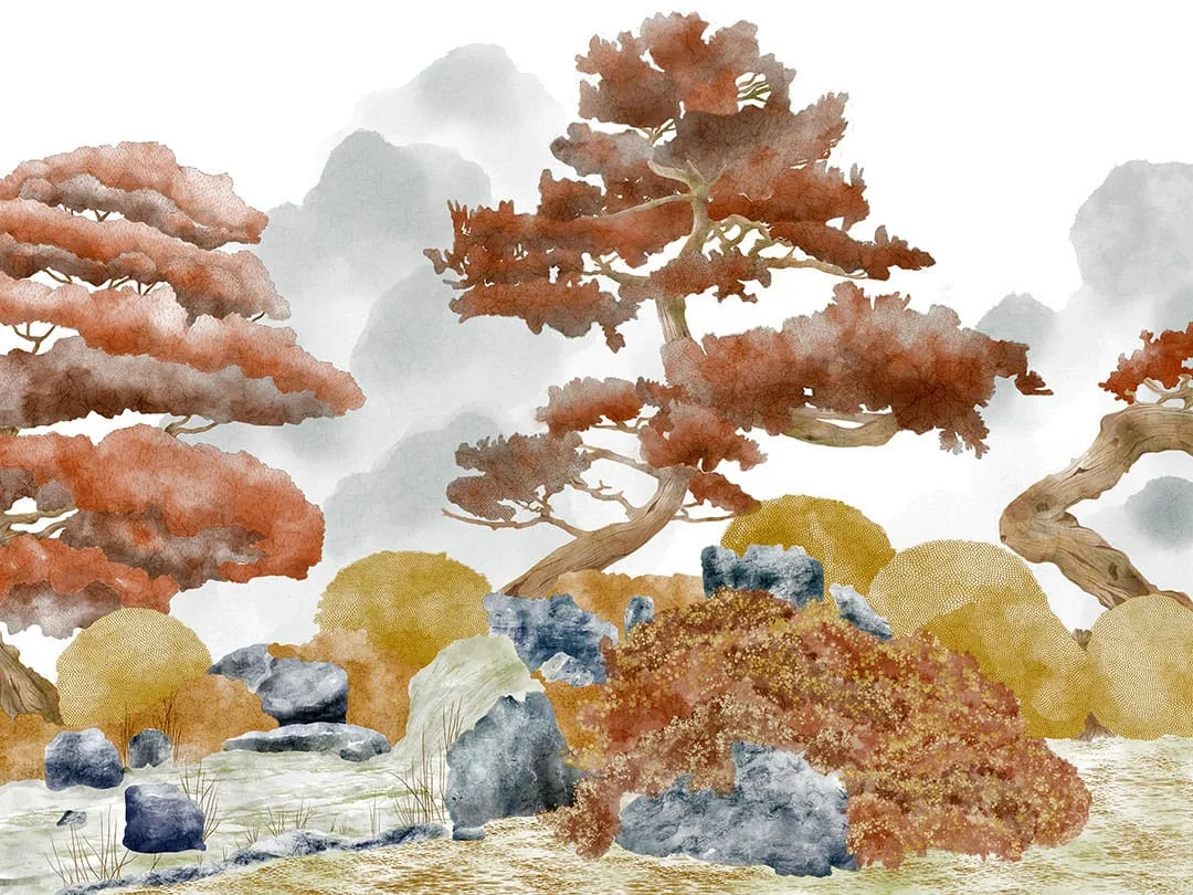 Hand-drawn orange trees and rocks wall mural