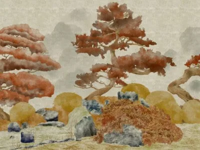 Hand-drawn orange trees and rocks textured wall mural