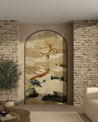 Minimalistic engraved trees and rocks wall mural for the living room
