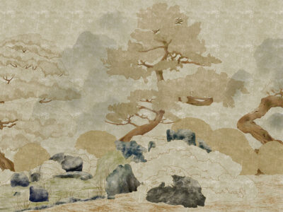 Minimalistic engraved beige trees and rocks wall mural
