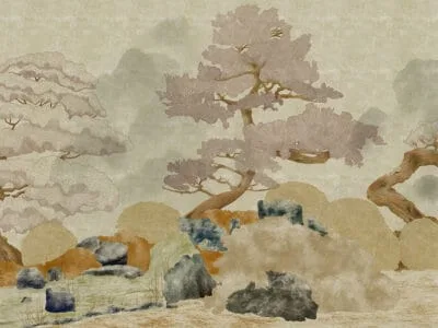 Minimalistic engraved textured trees and rocks wall mural