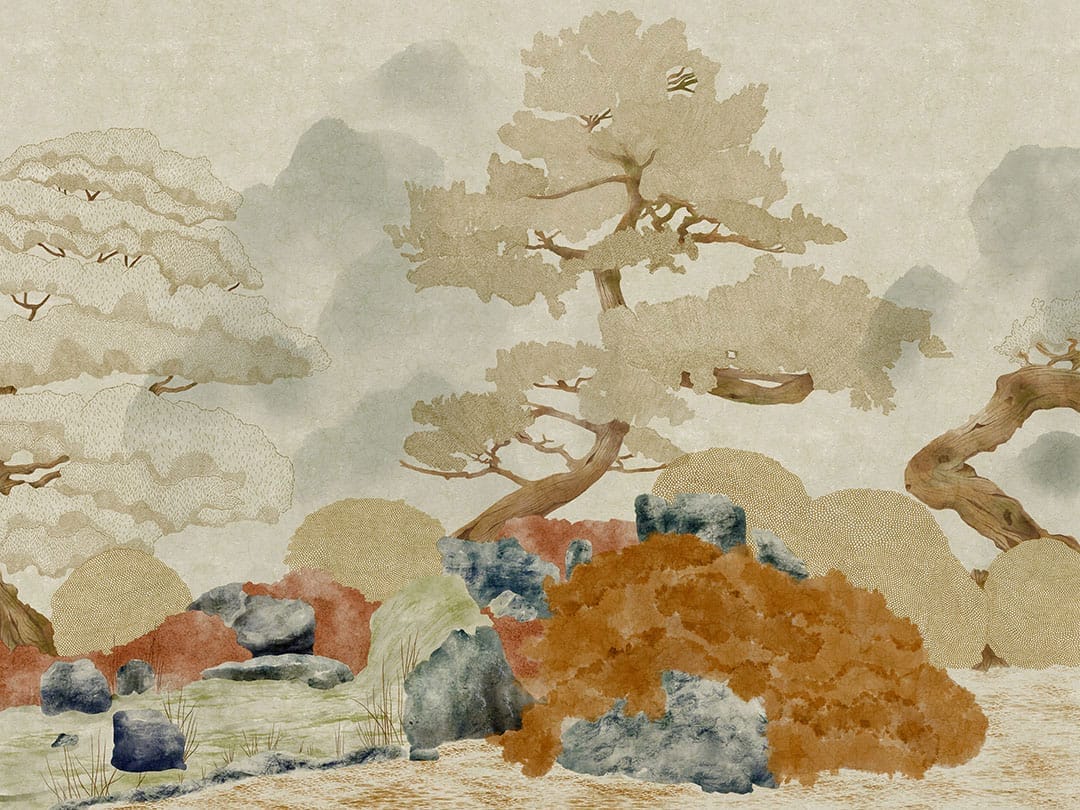 Minimalistic engraved trees and rocks wall mural